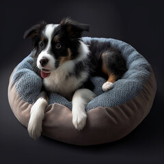 Adorable dog relaxing in a dog bed at home. Border collie puppy black and white color. AI generative