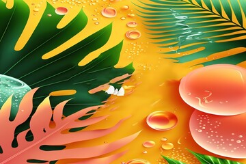 Obraz na płótnie Canvas Summer sale editable template banner with fluid liquid elements, tropical leaves and bubble forms for flyer