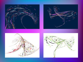 Multi-colored dust particles and debris, paint splashes, strokes are carried by the wind. Murmuration. Set of 4 design templates for the design of banners, posters. EPS 10