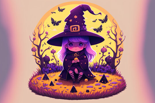 Cute little witch ghost illustration on a field of purple with a black hat and a golden hat ring. isolated. Generative AI