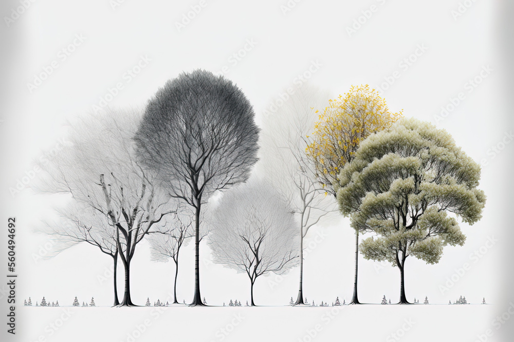 Poster white background with isolated trees, a group of trees. generative ai