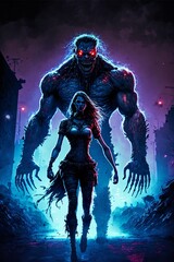 A bloody monster and a woman in love. Horror scene. Generated AI image