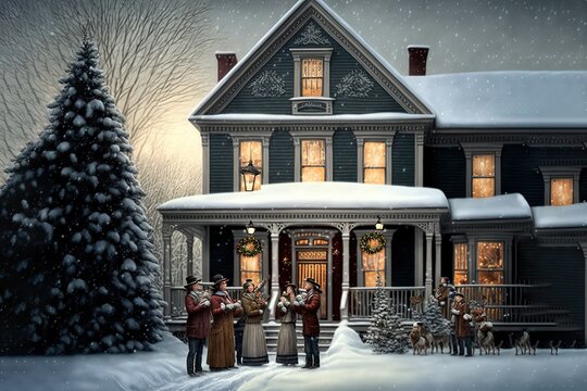 Christmas carolers singing in front of a decorated house