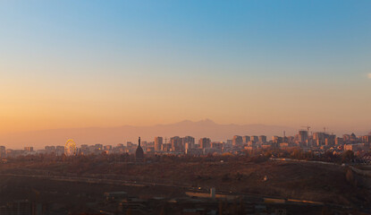 Mountain Ararat and Yerevan city view at sunrise