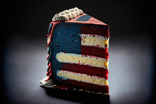 A slice of red velvet blueberry cake with USA American stars and stripes flag design on dark background, Generative AI