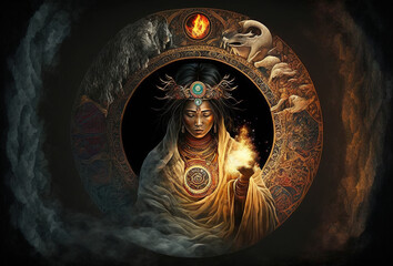 Wise young female shaman guards the yin-yang portal of the universe. Guardians of the spiritual world. Illustration, generative AI
