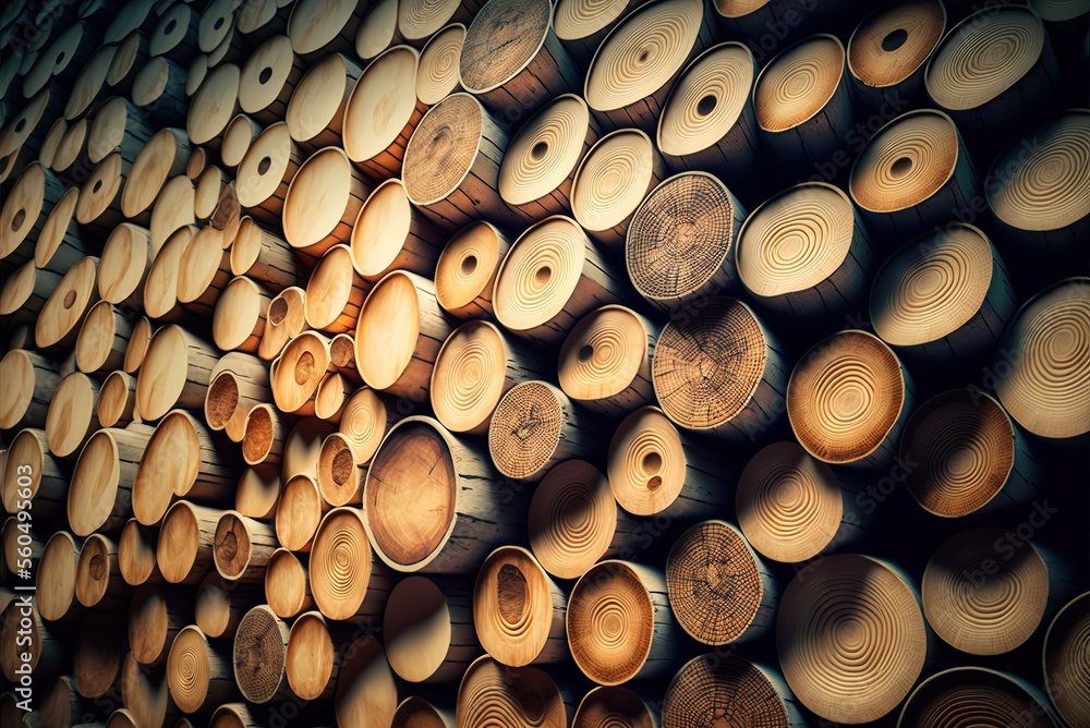 Poster logs arranged in a wall as a scenic backdrop. generative ai