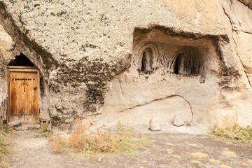 Close-up view of Vardzia caves. Vardzia is a cave monastery site in southern Georgia, excavated...