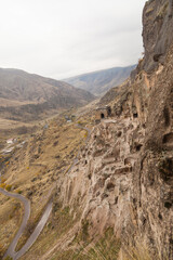 Close-up view of Vardzia caves. Vardzia is a cave monastery site in southern Georgia, excavated...