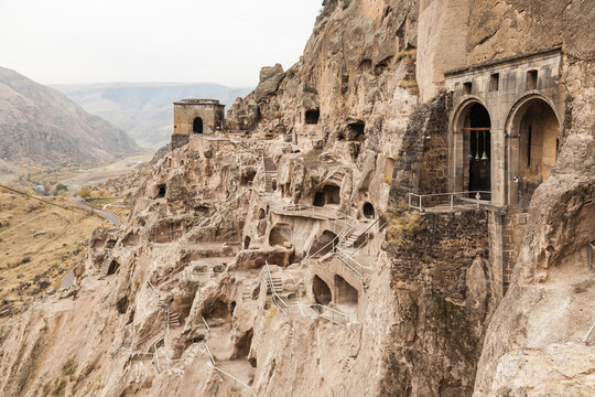 Close-up view of Vardzia caves. Vardzia is a cave monastery site in southern Georgia, excavated from the slopes of the Erusheti Mountain on the left bank of the Kura River.