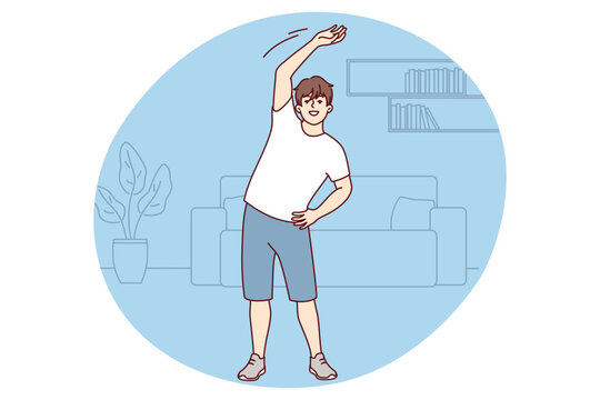 Young guy does warm-up while standing in home interior before jogging or doing sports. Man of student age in shorts and t-shirt leads healthy lifestyle doing stretching in morning. Flat vector image 