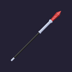 Silver and red magic wand on dark background illustration. Stick with glowing red gem or crystal on top for witch or wizard. Magicians staff, fantasy game, weapon concept