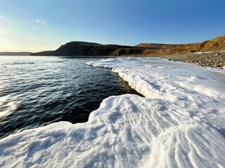 View of Cape Tobizina from Cape Vyatlin on Russian Island in Vladivostok in winter. Russia