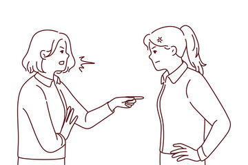 Angry women fighting or quarrelling. Mad furious girls blame each other, making guilty. Anger and misunderstanding. Vector illustration. 