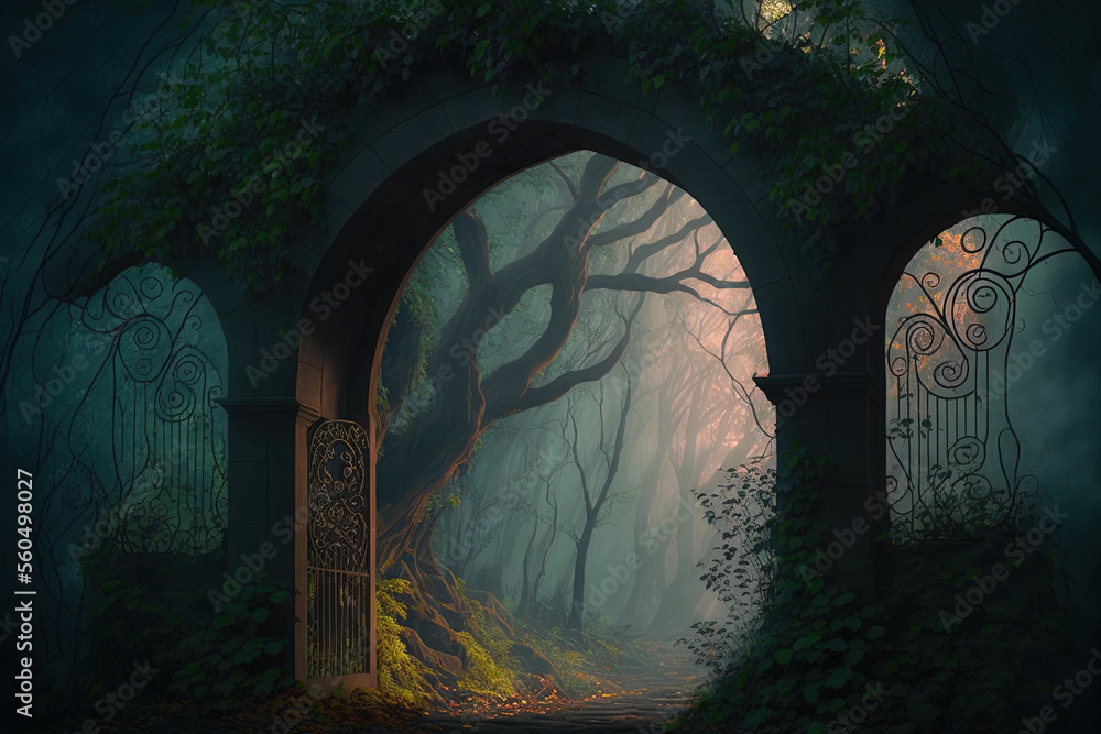 Sticker A misty, shadowy archway in an enchanted fairy woodland setting is available as a background. Generative AI