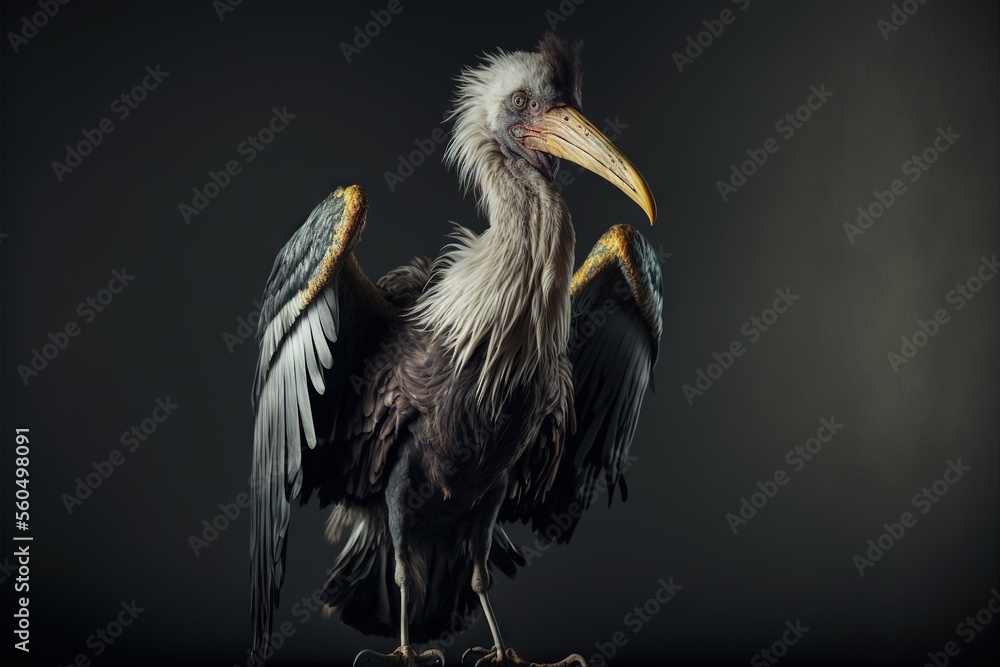 Poster a bird with a large beak and a long beak standing on a black background with its wings spread out an
