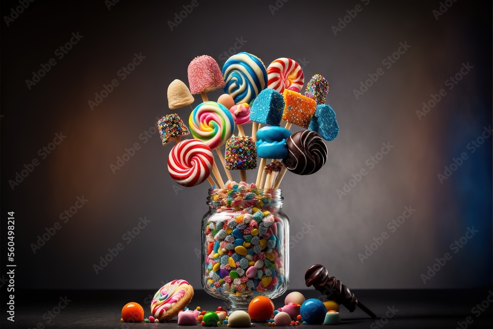 Poster a glass jar filled with lots of colorful candy on top of a table next to a pile of candies and lolli