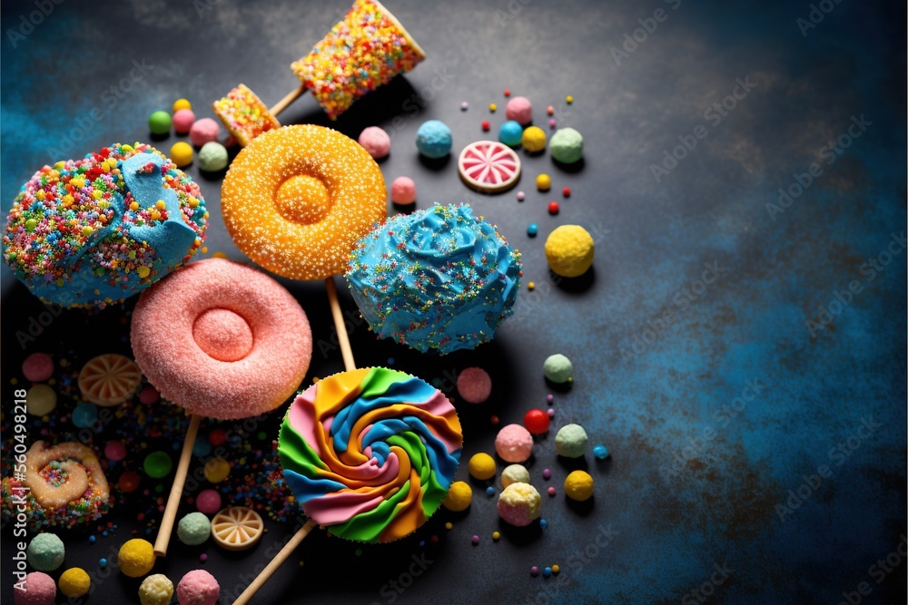 Poster a table topped with lots of different types of candies and lollipops on sticks with sprinkles on the