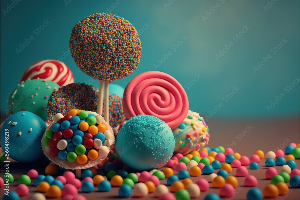 Poster a pile of colorful candies and lollipops on a table with a blue background and a blue sky in the bac
