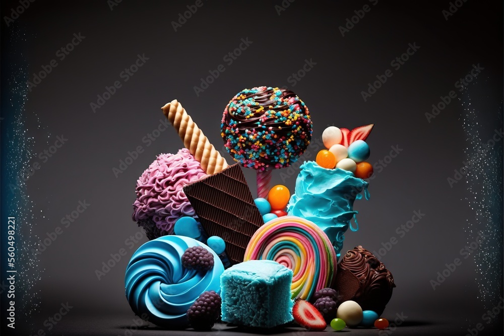 Poster a pile of different types of candy and candies on a table with a black background with a white borde