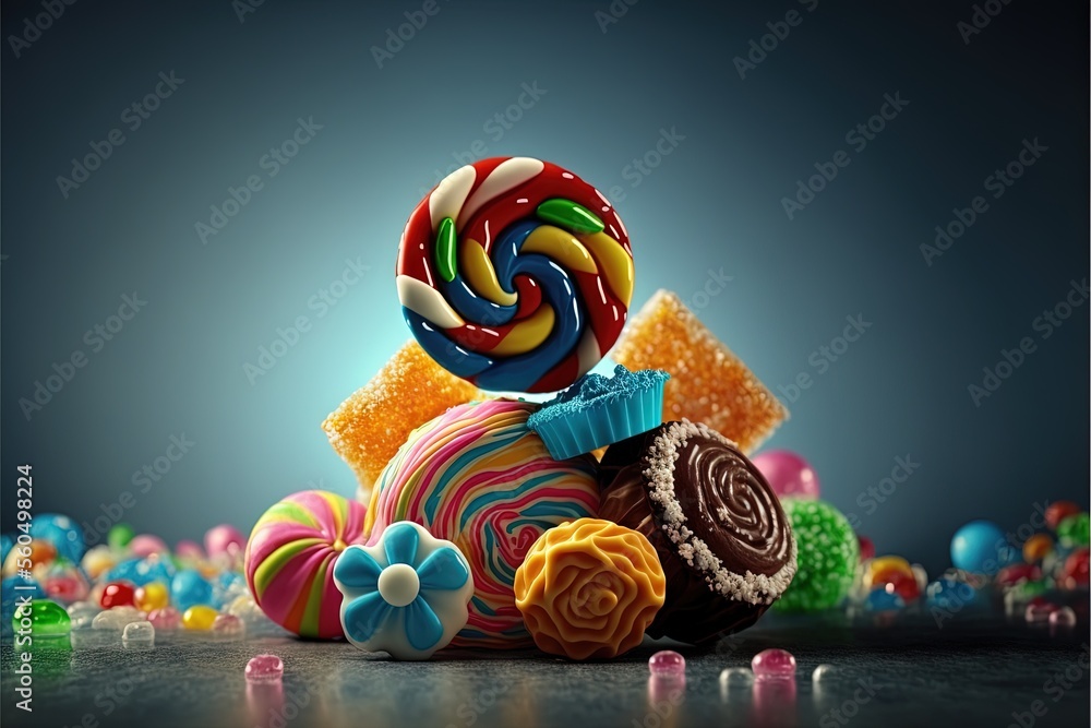 Poster a pile of colorful candies sitting on top of a table next to a blue background with a black backgrou