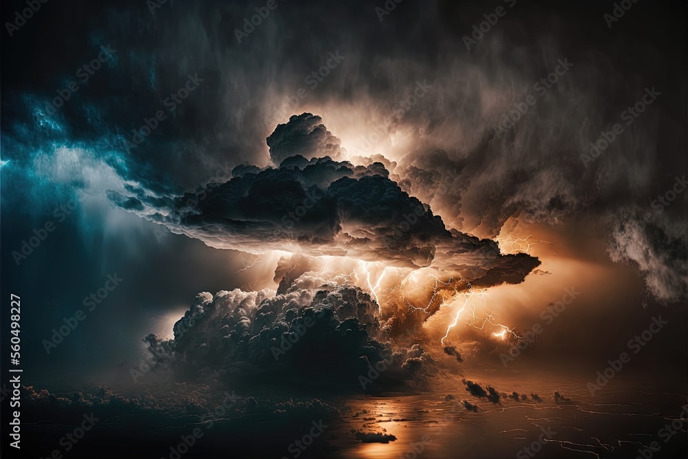 Poster  a very large cloud with a lot of dark clouds in it's center and a bright light coming from the top of it in the middle of the clouds above it, and the clouds.  generative