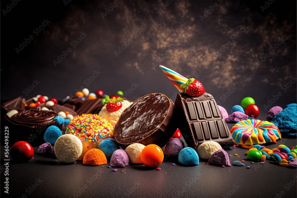 Poster a pile of candy and a chocolate bar with a straw on top of it and a candy bar with a straw sticking 