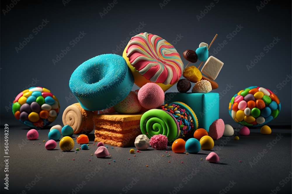 Poster a pile of colorful candies and donuts on a table with a black background and a dark background with 
