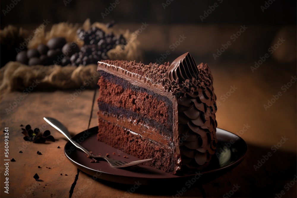 Poster a slice of chocolate cake on a plate with a fork and a bowl of chocolate beans in the background and