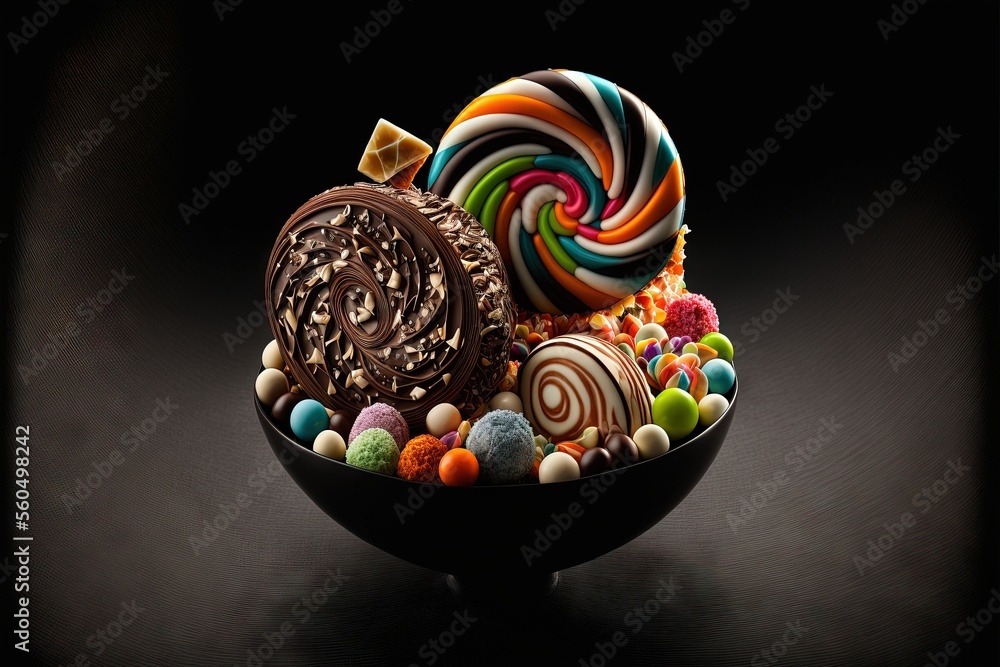 Aufkleber a bowl of assorted candy and lollipops on a black background with a black background behind it and a