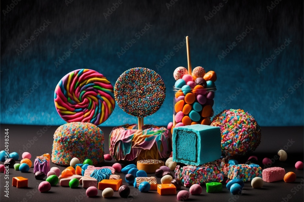 Aufkleber a pile of colorful candies and lollipops on a table with a blue background and a blue backdrop with 