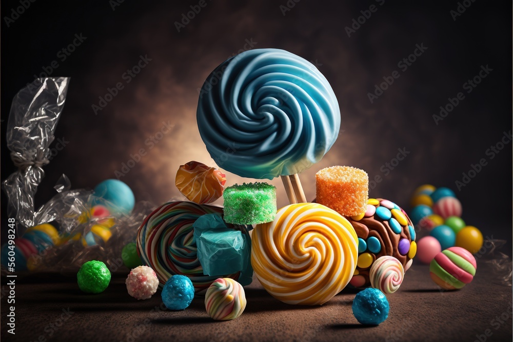 Poster a pile of colorful lollipops and other candies on a table with a dark background and a dark backdrop