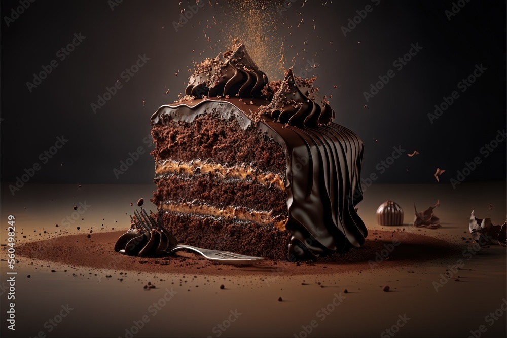 Poster a piece of cake with chocolate frosting and sprinkles on a table with a knife and fork on it, with a