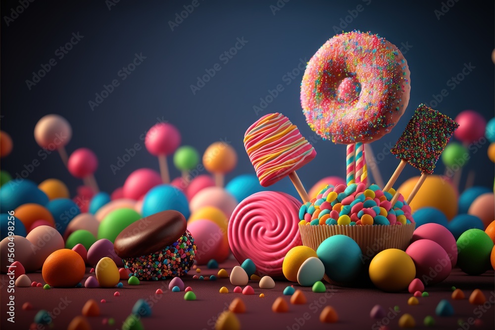 Poster a bunch of candy and candies on a table with a dark background and a blue sky in the background with