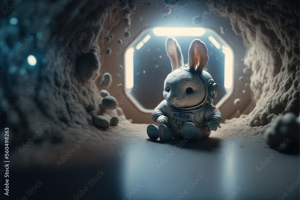 Poster a rabbit sitting in a tunnel with a light shining in it's mouth and a hole in the ground behind it t