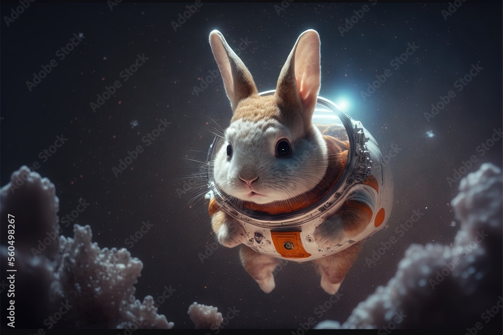 Poster a rabbit in a space suit floating in the air with clouds around it and a bright light shining on its
