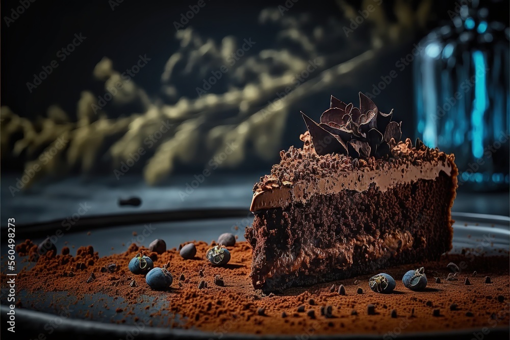 Aufkleber a piece of chocolate cake on a plate with chocolate balls around it and a glass vase with flowers in