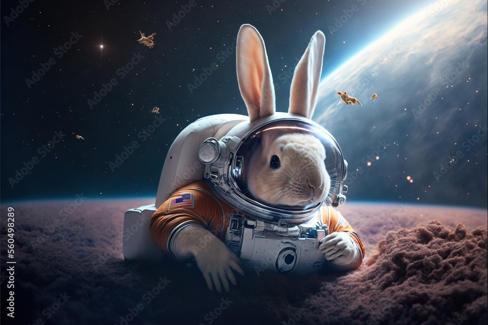 Poster a rabbit in an astronaut suit is sitting on the ground in space with a planet in the background and 