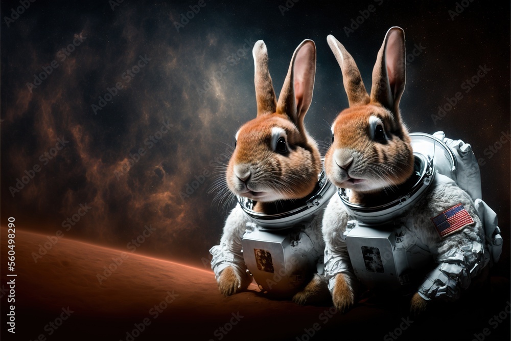 Poster two rabbits in space suits sitting next to each other on a surface with clouds in the background and