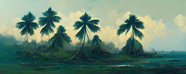 Landscape of islands with several coconut trees. Illustration AI