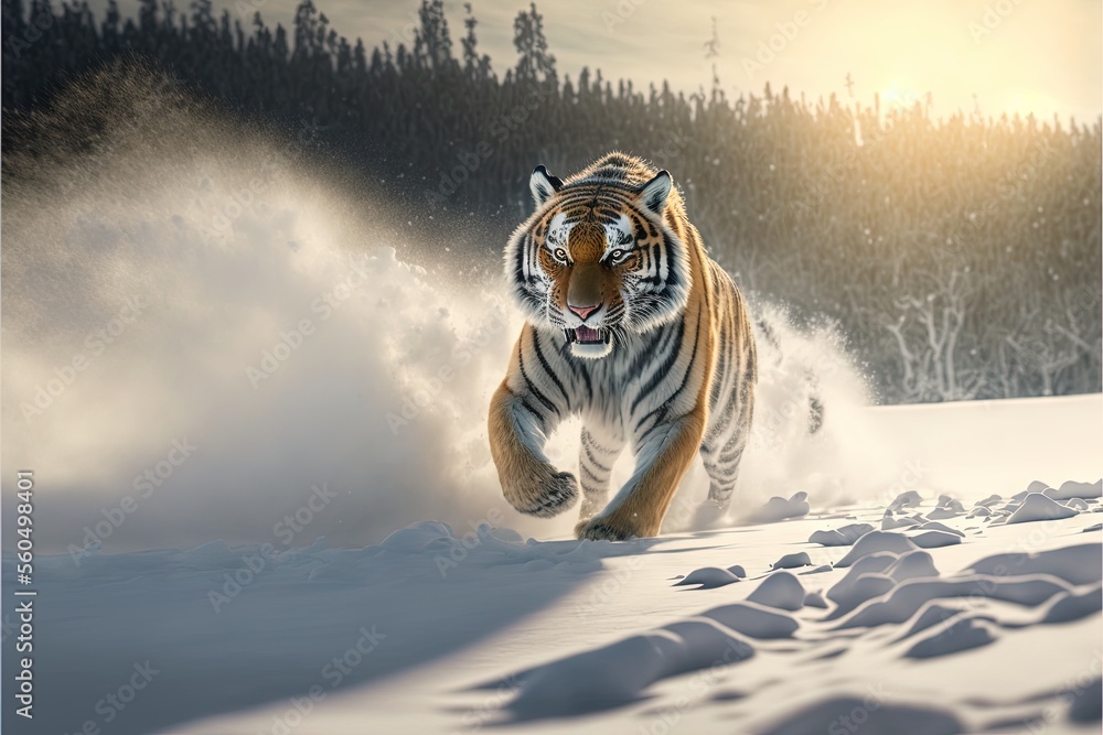 Poster a tiger running through the snow in a forest with trees in the background and a sun shining on the s