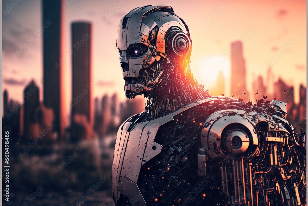 Poster a robot with a city in the background and a sunset in the foreground with a red light in the middle 