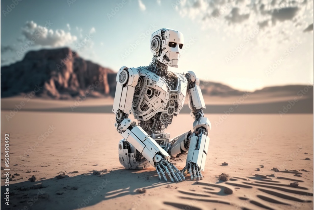 Aufkleber a robot sitting in the desert with a mountain in the background and a sky with clouds in the backgro