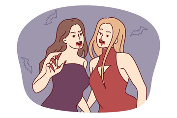 Women vampires with sharp claws and traces of blood near mouth stand among scary flying mice..Girl friends in evening dresses with fangs like zombies as Halloween decorations. Flat vector design 