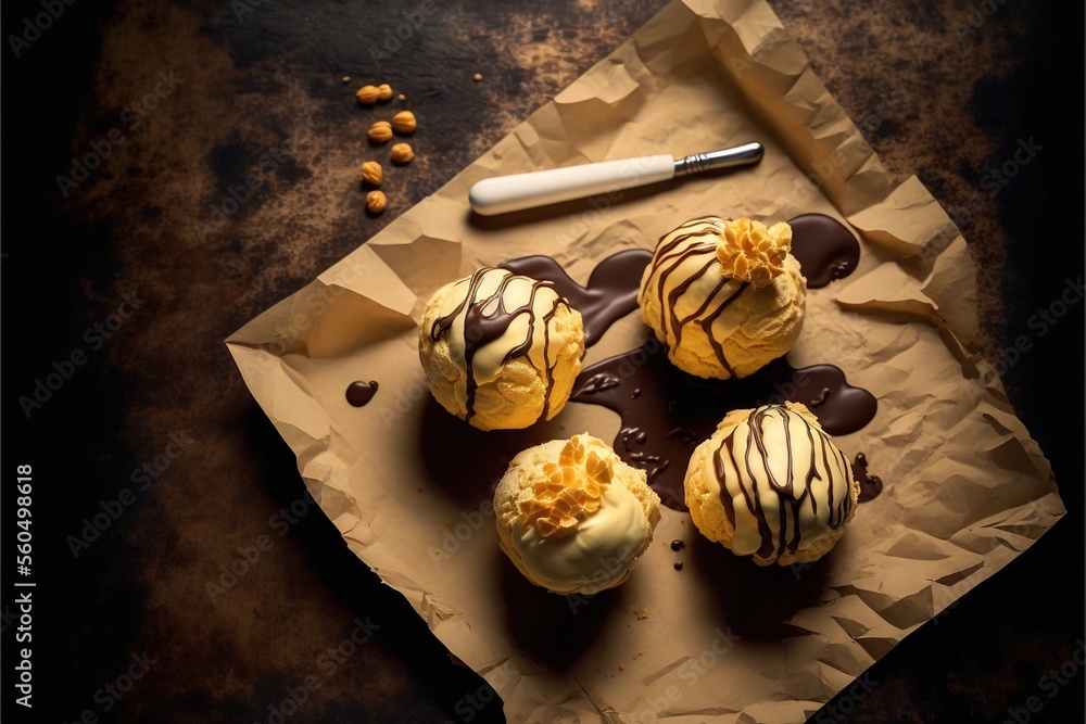 Aufkleber a chocolate covered dessert with a chocolate drizzle on top of it and a pen on the side of the plate