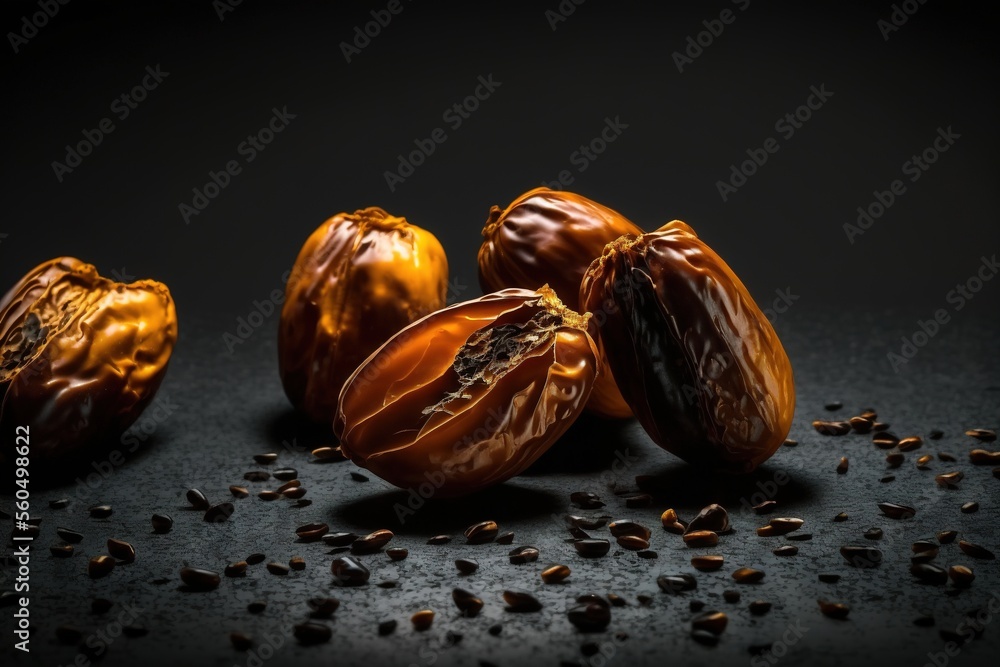 Poster a group of nuts sitting on top of a table next to seeds on a black surface with a dark background an