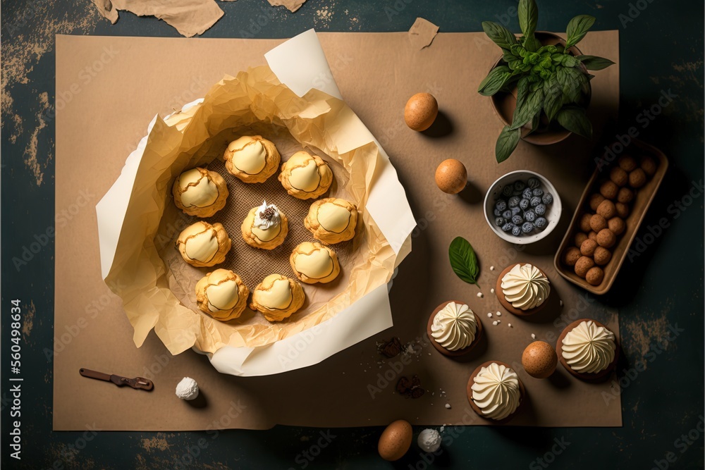 Poster a table topped with a bunch of cakes and other food items next to a box of eggs and a plant on top o