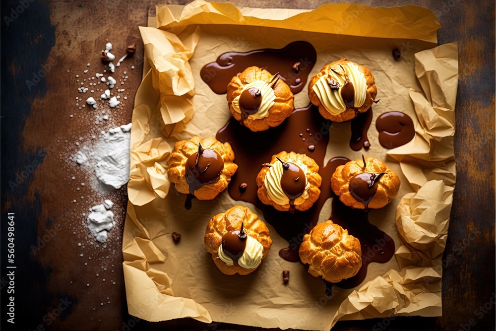 Poster a tray of desserts with chocolate sauce and marshmallows on top of them on a table top with a brown 