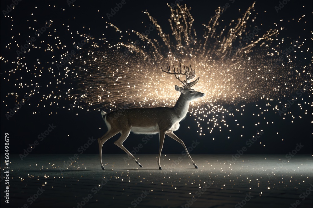 Aufkleber a deer is walking in the dark with fireworks in the background and a deer is standing in the middle 