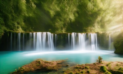 A waterfall in the middle of a jungle. 